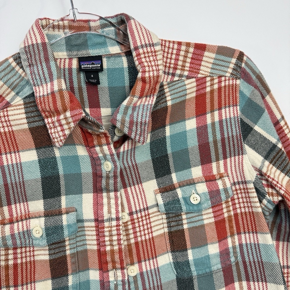 Patagonia Fjord Flannel Shirt Womens 4 Bay Laurel Toasted White Plaid 53915